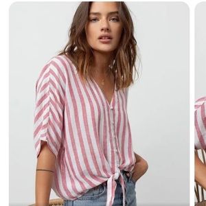 REVOLVE RAILS Thea Carmine Tie Front Button Up Shirt in Seville Stripe SMALL